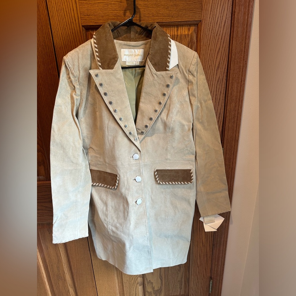 Margaret Godfrey Leather Long Jacket Suede Western Equestrian Rivet Button Sz 14